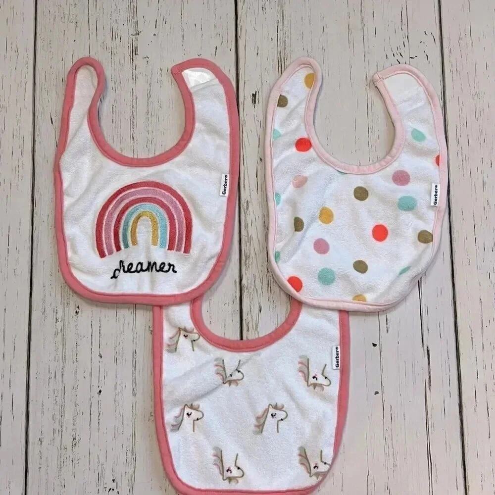 Gerber Baby Girl Terry Cloth Bibs Set of 3 Pink Floral